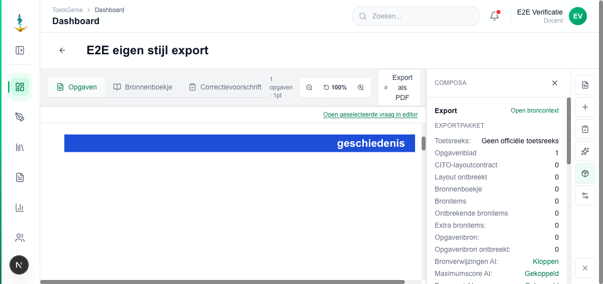Werkelijk ontwikkelscherm van de exportomgeving van ToetsGenie met fictieve testgegevens.